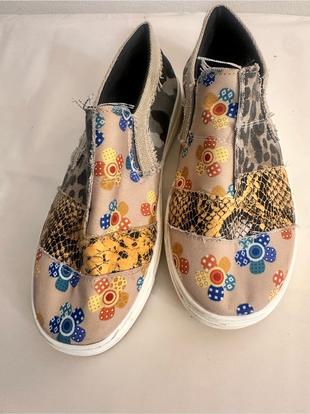 Slip-On Floral & Mixed Print Sneakers - Beige/Gold 8